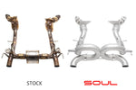 Soul 488 / 488 Pista 3.5″ performance exhaust systems: stock exhaust beside the SOUL system