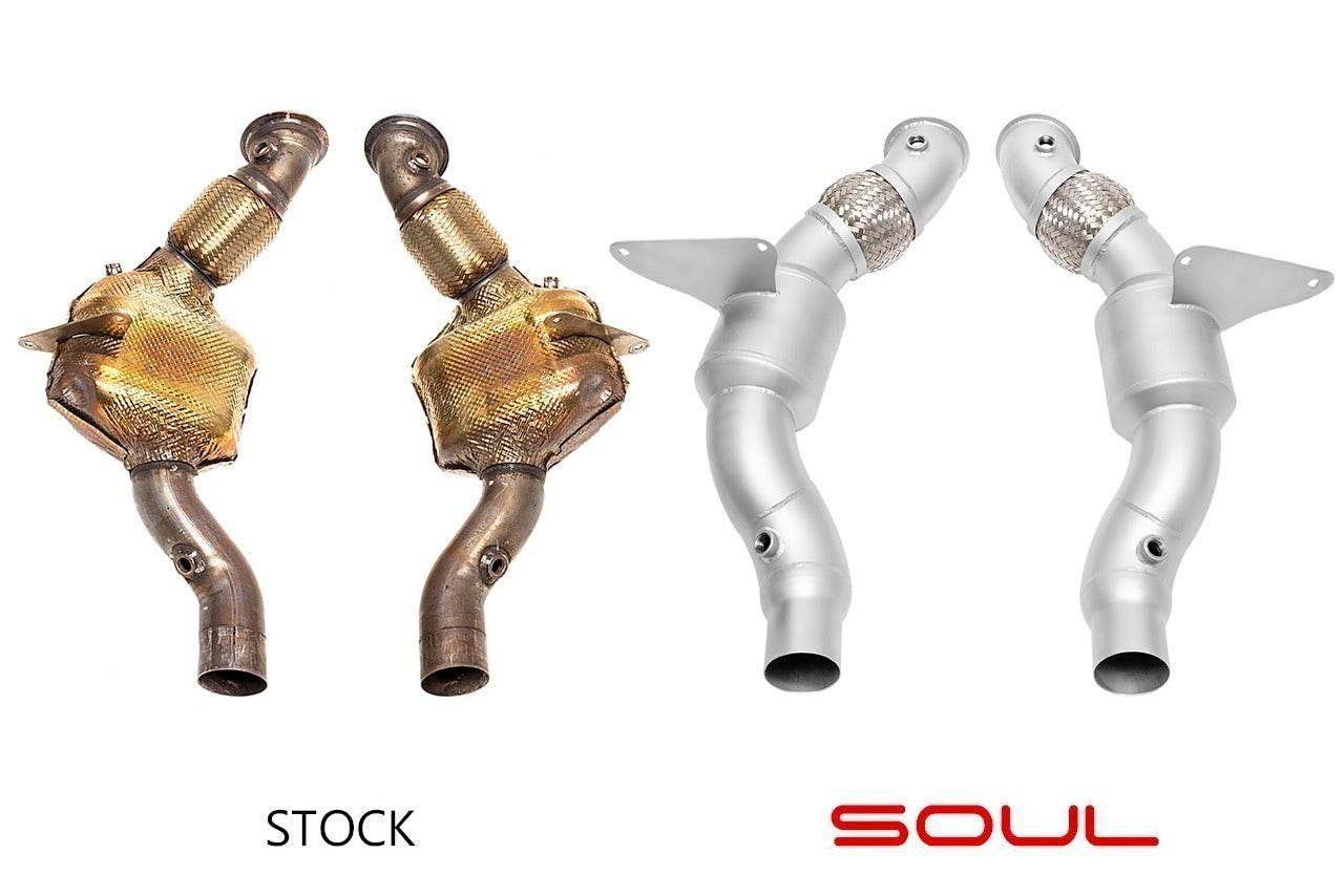 Soul 488 / 488 Pista sport catalytic converters: stock cats beside the SOUL sport cats