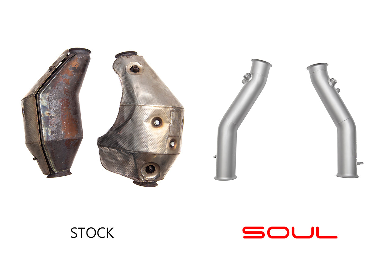 Soul Gallardo LP560 cat bypass pipes: stock cats beside the SOUL bypass pipes
