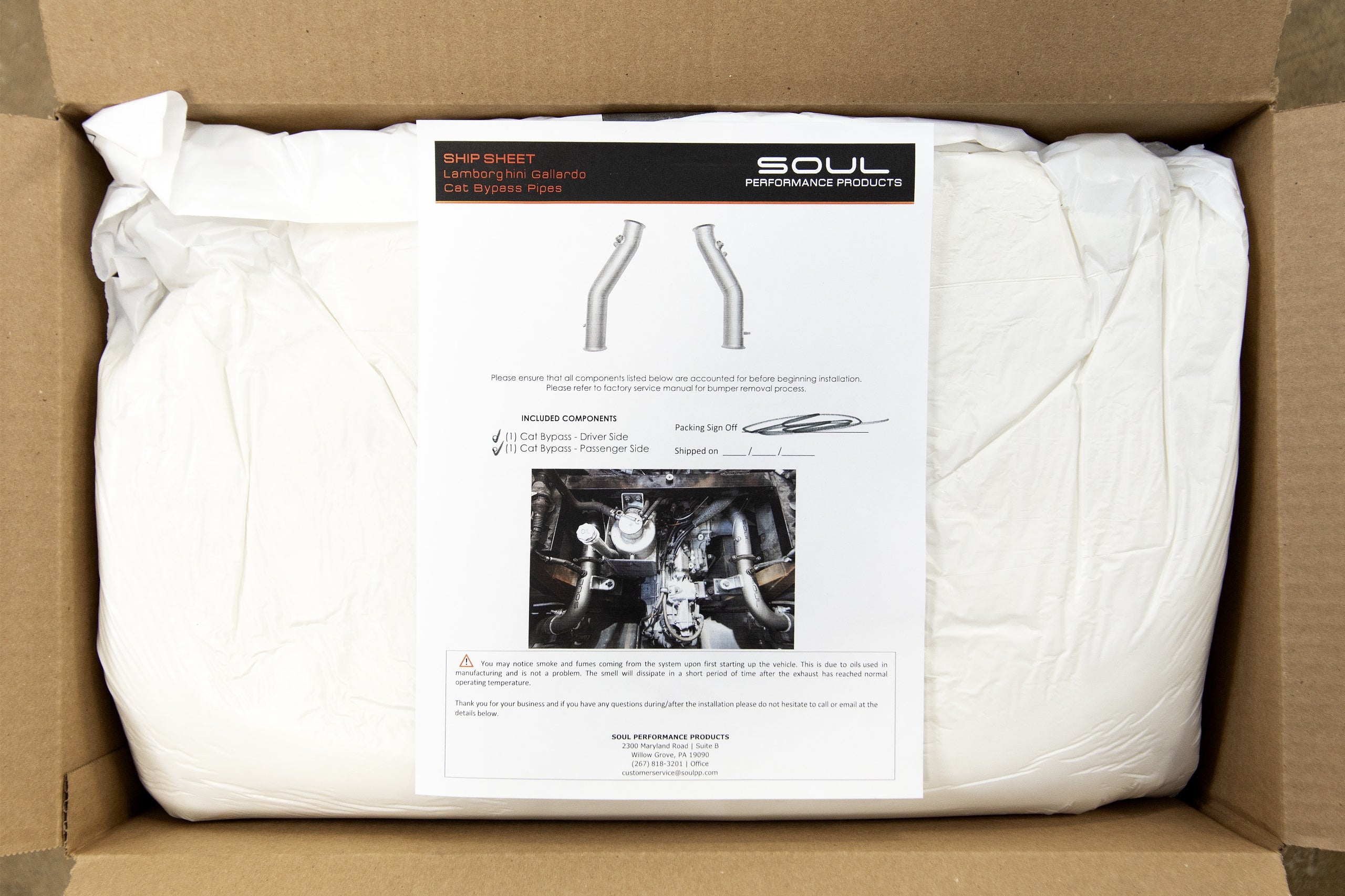 Soul Gallardo LP560 cat bypass pipes: exhaust packed in its shipping box