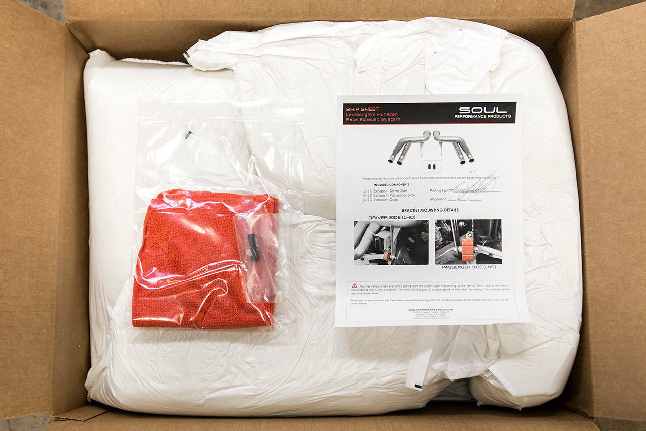 Soul Huracan LP610 / LP580 race exhaust system: exhaust packed in its shipping box