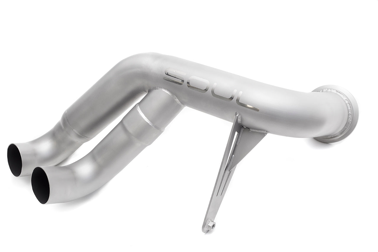 Soul Huracan LP610 / LP580 race exhaust system: race exhaust pipe with dual outlets, angled view