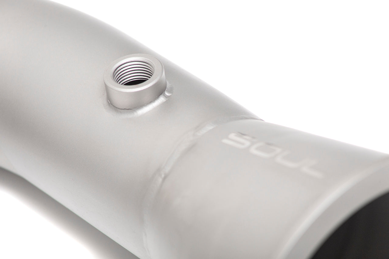 Soul RS Q8 catted / catless downpipes: close-up of the O2 sensor bung on the pipe