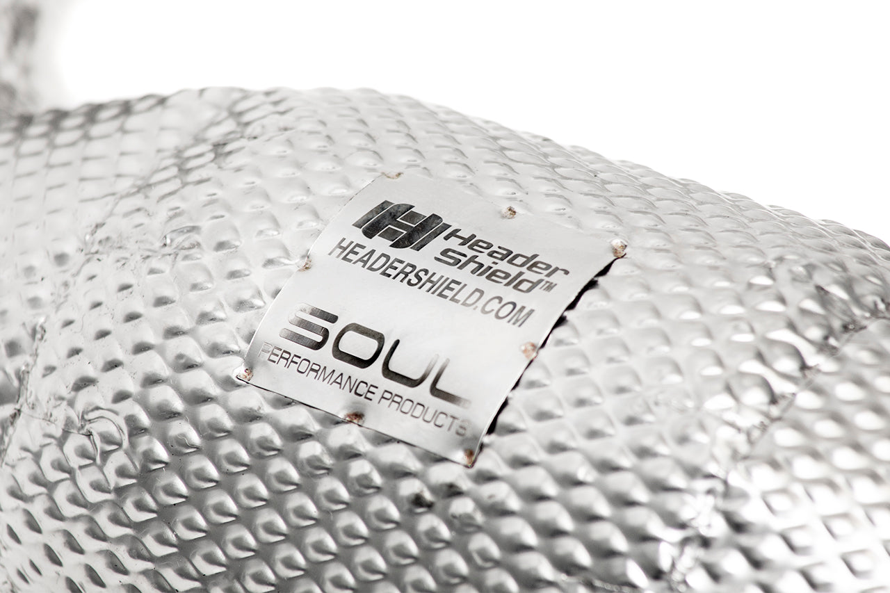 Soul 765LT / Senna catted / catless downpipes: close-up of the SOUL tag on the heat shield
