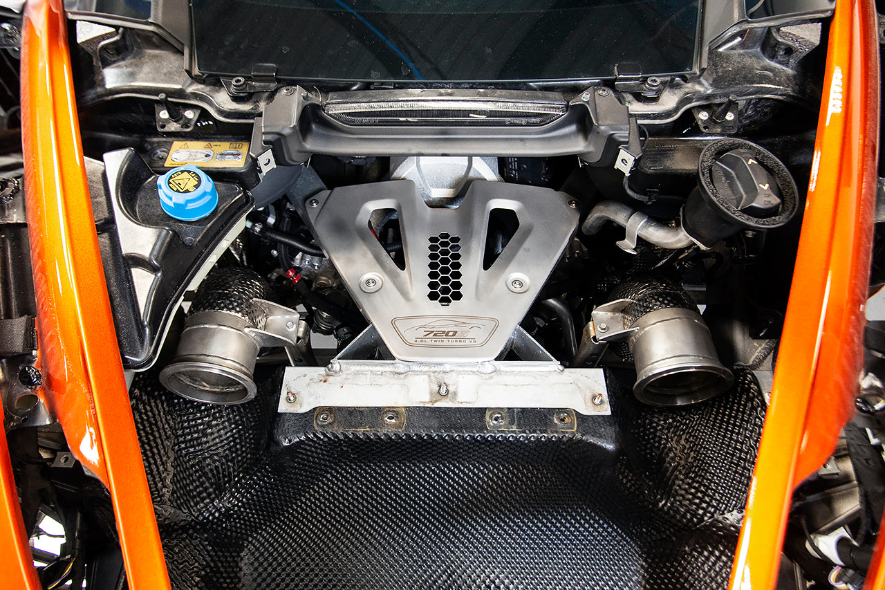 Soul 765LT / Senna catted / catless downpipes: downpipes installed in the engine bay