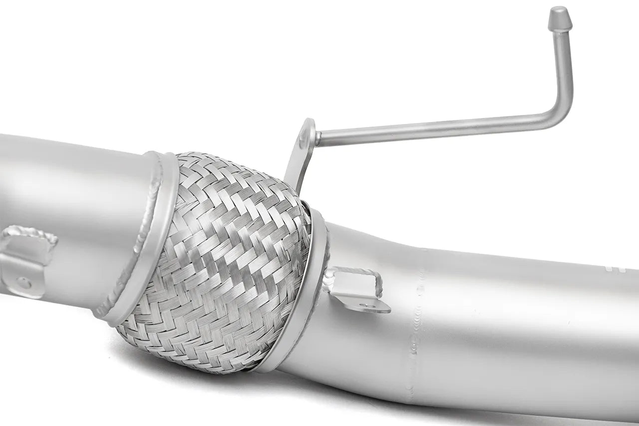Soul 12C / 650S / 675LT catted / catless downpipes: close-up of the flex joint and sensor wire