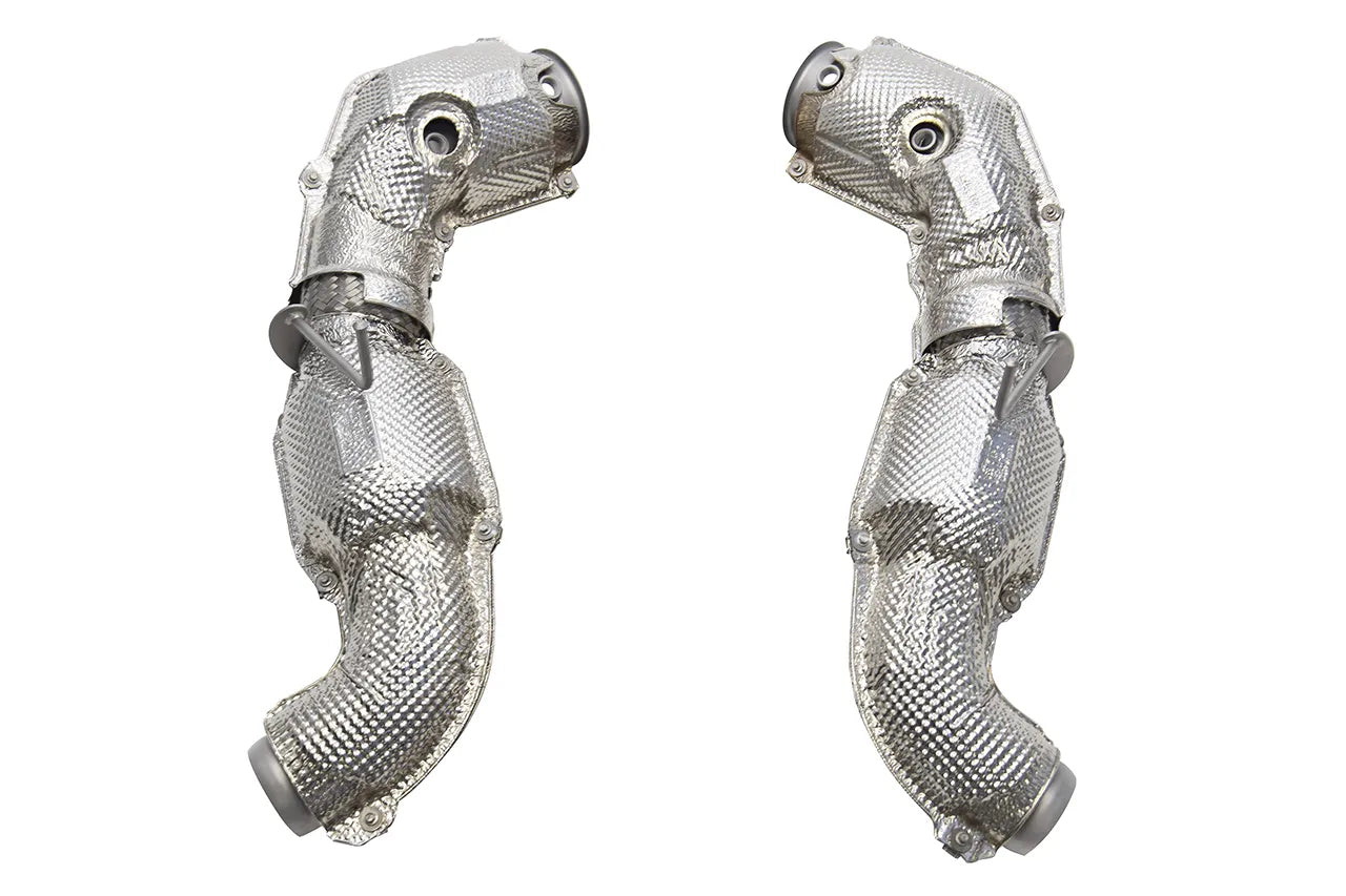 Soul 12C / 650S / 675LT catted / catless downpipes: pair of competition downpipes, front view