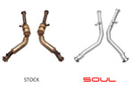 Soul G63 AMG W463 competition downpipes: stock downpipes beside the SOUL pipes