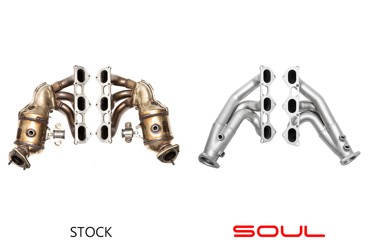 Soul 718 GT4 / Spyder / GTS competition headers: stock headers beside the SOUL competition headers