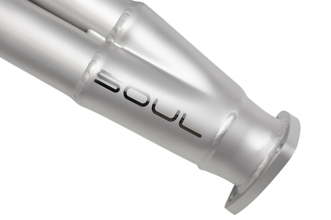 Soul 718 GT4 / Spyder / GTS competition headers: close-up of the SOUL logo on a header