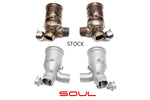 Soul 991.2 GT2 RS sport cats / cat bypass pipes: stock cats beside the SOUL bypass pipes