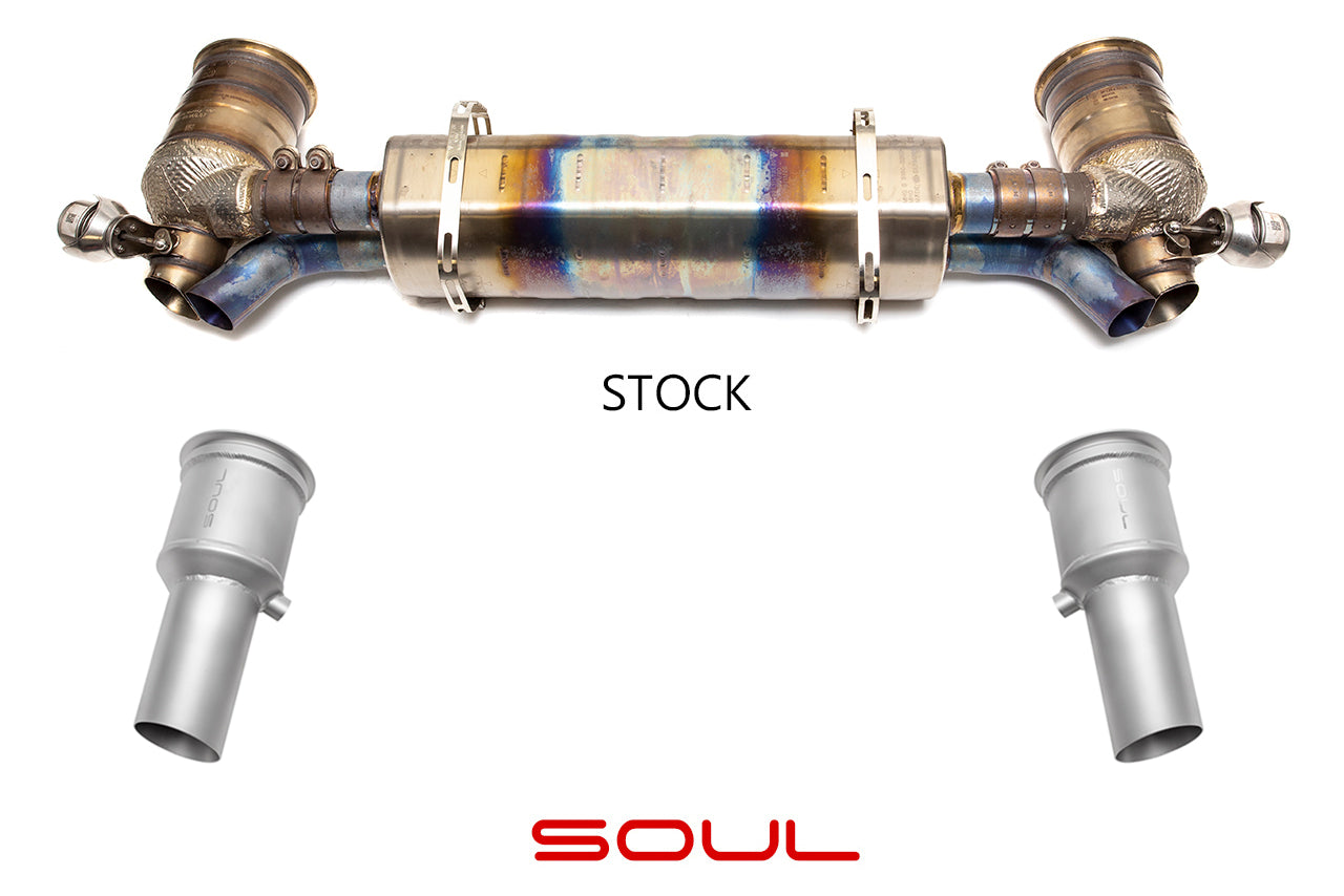 Soul 991.2 GT2 RS catted / catless race pipes: stock exhaust above the SOUL race pipes