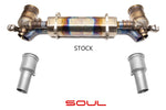 Soul 991.2 GT2 RS catted / catless race pipes: stock exhaust above the SOUL race pipes