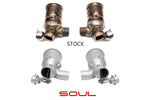 Soul 991.2 GT2 RS sport cats / cat bypass pipes: stock cats beside the SOUL sport cats