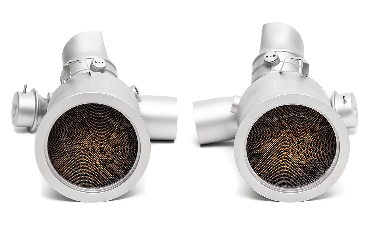Soul 991.2 GT2 RS sport cats / cat bypass pipes: close-up of the sport cat cores