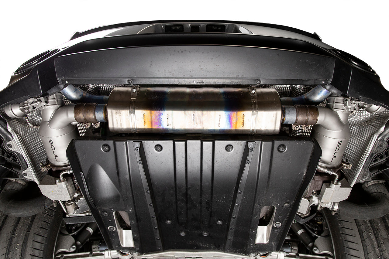 Soul 991.2 GT2 RS sport cats / cat bypass pipes: sport cats installed, view from below