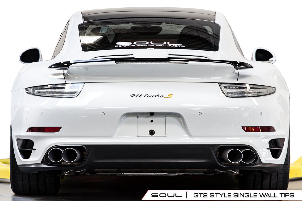 Soul 991 Turbo / Turbo S x-pipe exhaust: white 991 Turbo rear view, close
