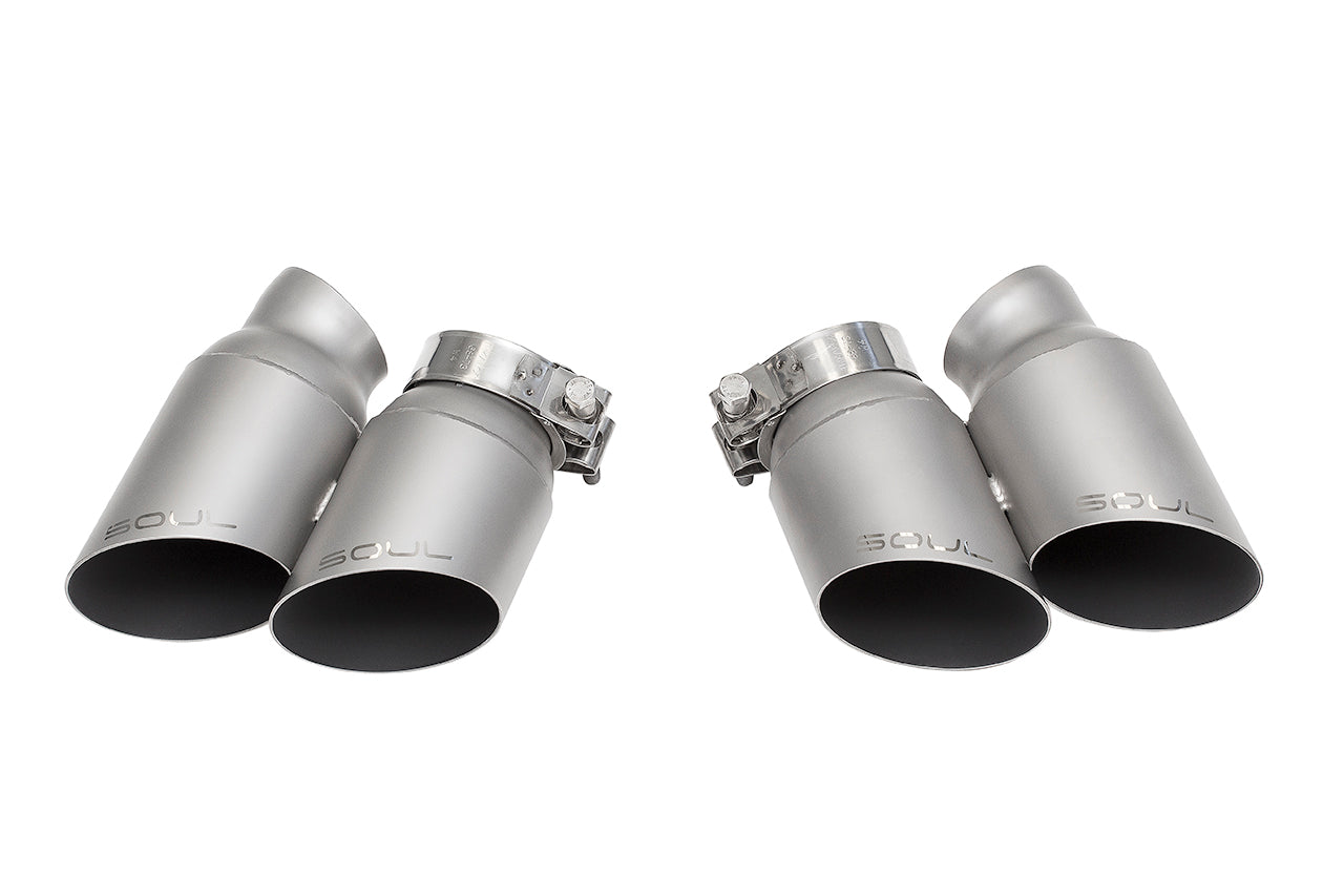 Soul 991 Turbo / Turbo S valved exhaust system: pair of quad tip sets, angled view