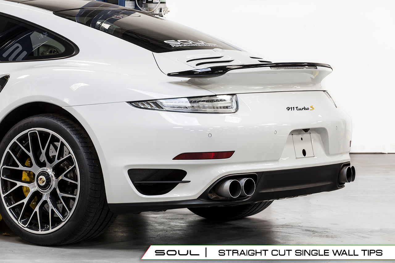 Soul 991 Turbo / Turbo S x-pipe exhaust: white 991 Turbo rear three-quarter view with tips