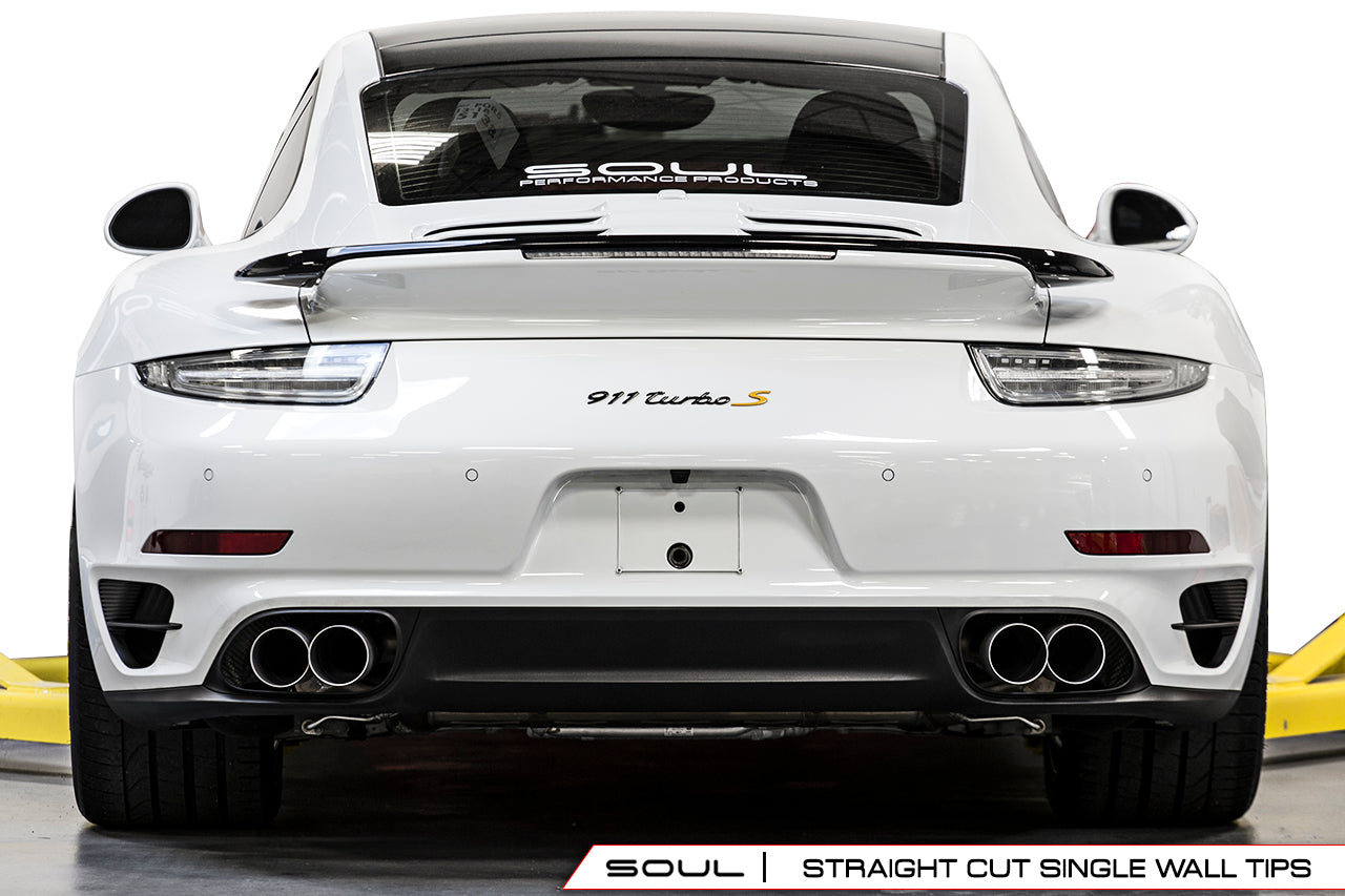 Soul 991 Turbo / Turbo S x-pipe exhaust: white 991 Turbo rear view with tips installed