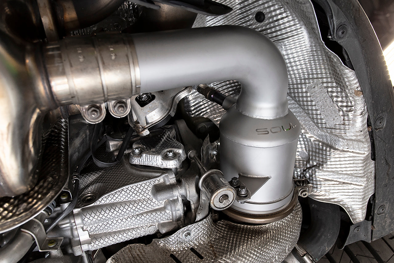 Soul 992.1 Carrera sport cats / cat bypass pipes: 992.1 cat bypass pipe installed beside the turbo