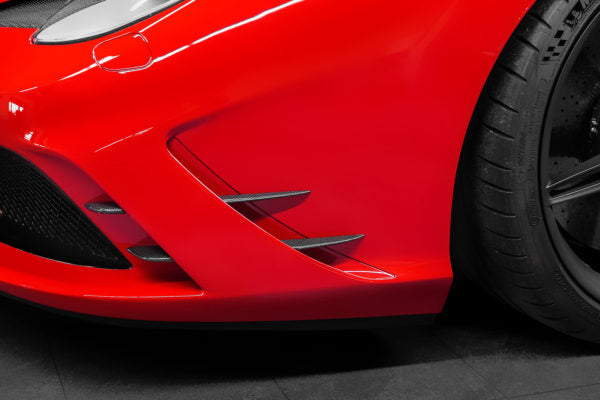 close view of Capristo Carbon Front Fins (Matte) for Ferrari 458 Speciale 2013-2015 fitted inside a car