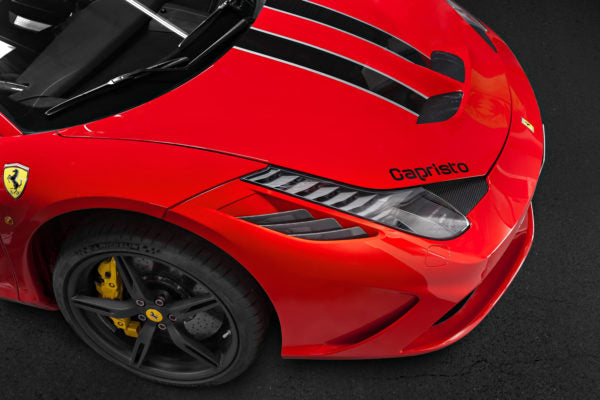 wide view of Capristo Carbon Air Outlet Ribs (Matte) for Ferrari 458 Speciale 2013-2015 fitted in car