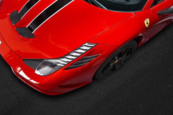 wide view of Capristo Carbon Air Outlet Ribs (Matte) for Ferrari 458 Speciale 2013-2015 fitted in car