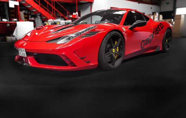 wide view of Capristo Carbon Front Fins (Matte) for Ferrari 458 Speciale 2013-2015 fitted inside a car