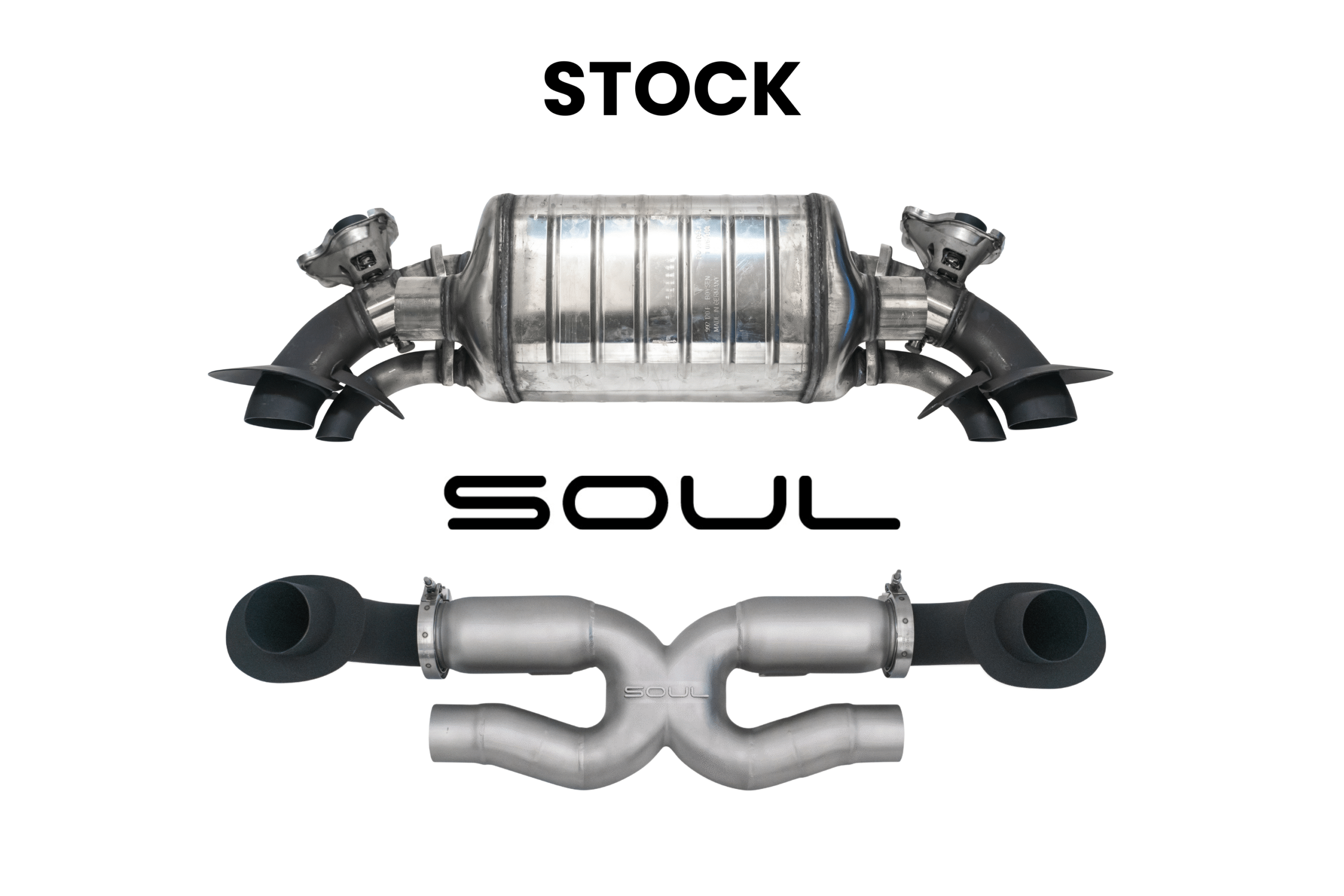 Soul 992.2 Carrera x-pipe exhaust system: stock exhaust above the SOUL X-pipe