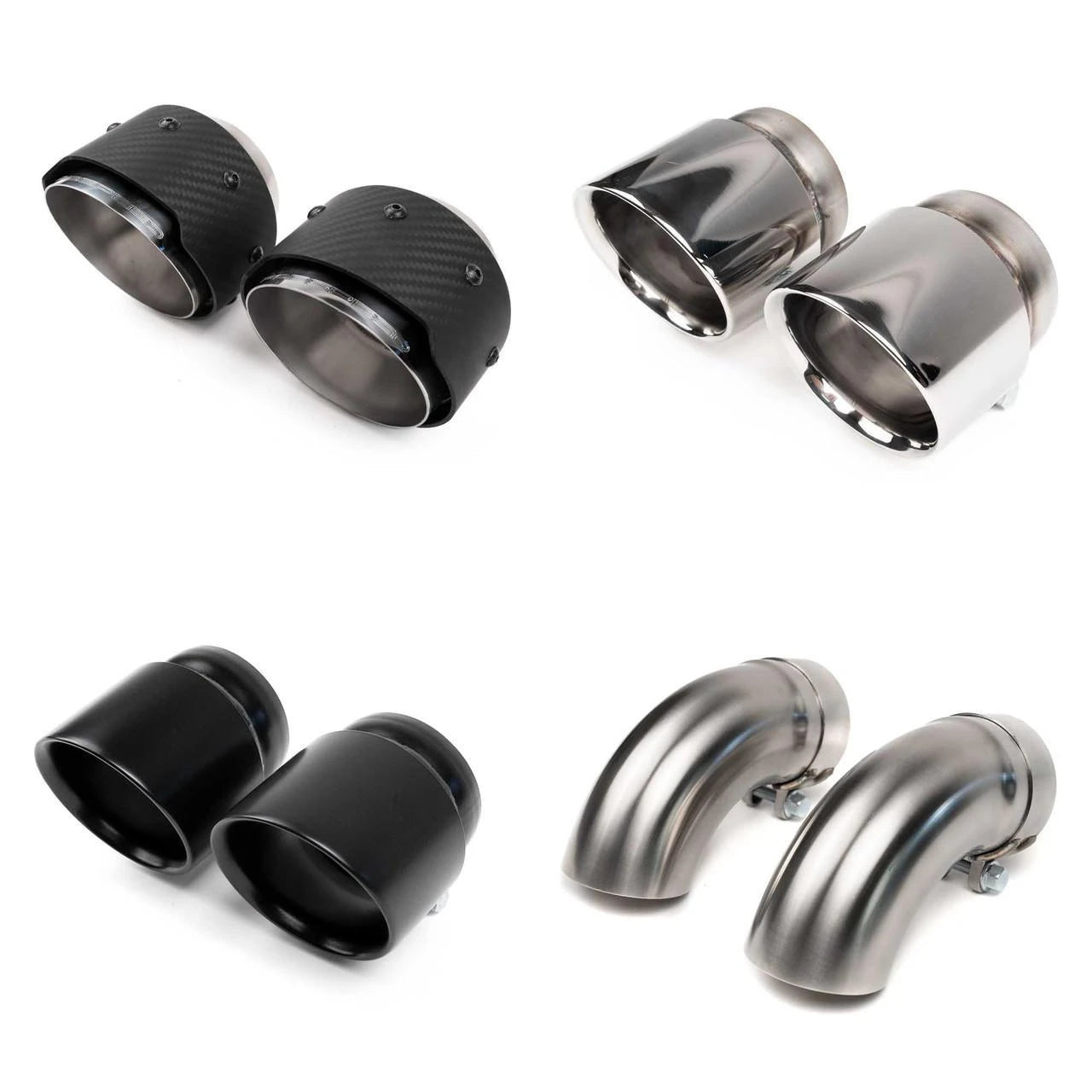 Center muffler tip options in carbon fiber, black, polished and titanium