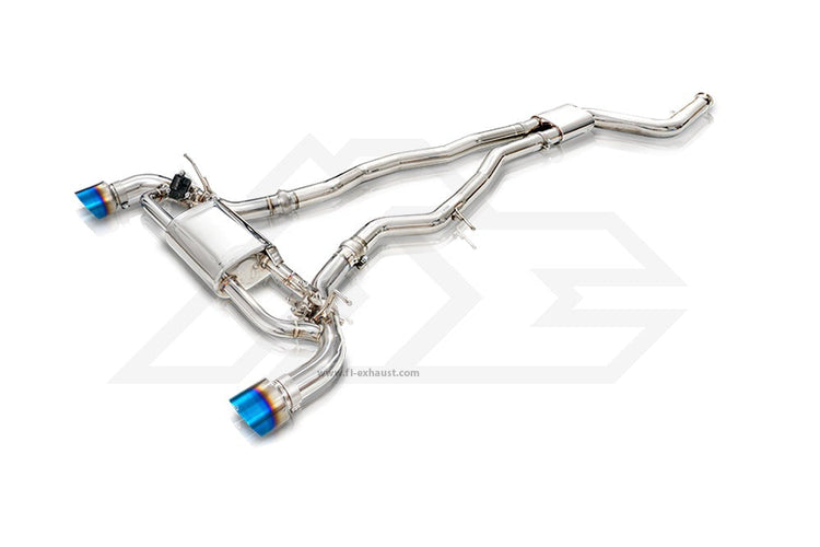A top view of Fi EXHAUST Valvetronic Cat-Back System for Toyota MK5 A90 Supra 3.0T 89mm Ultimate Power Version 2020+ with white background