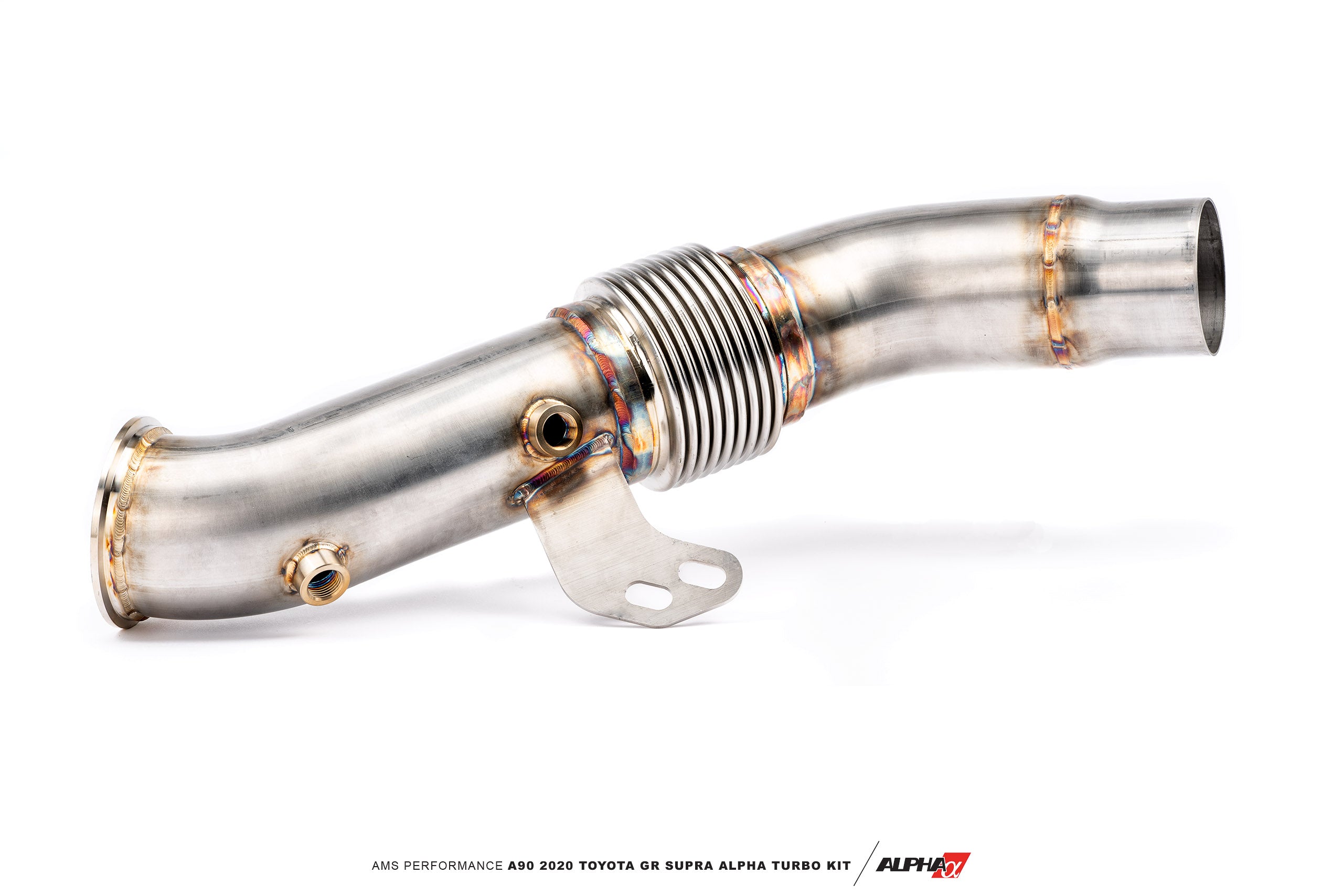 Side view of the AMS Alpha 8 3.5 inch downpipe for the B58 Supra
