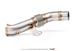 Side view of the AMS Alpha 8 3.5 inch downpipe for the B58 Supra