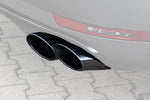 A close up view of TECHART Exhaust Tail Pipes, glossy chrome for Porsche Macan S / Turbo fitted on a car with the tail pipes highlighted