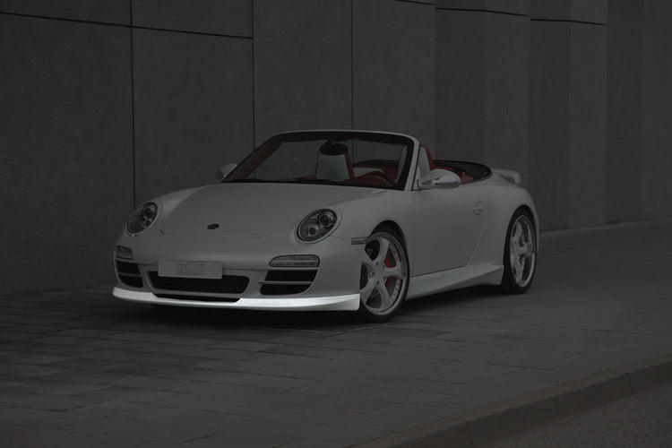 A front wide view of TECHART Front Spoiler I for Porsche 997 Carrera & Targa starting MY 09 with the spoiler highlighted