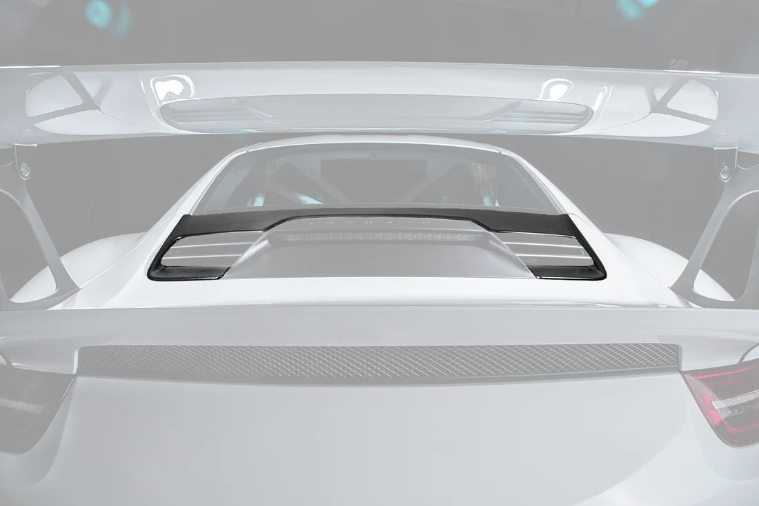 A back view of TECHART Tailgate Panel Carbon "matte" for Porsche 991.1 GT3 RS until MY16 fitted on a car with the tailgate panel highlighted