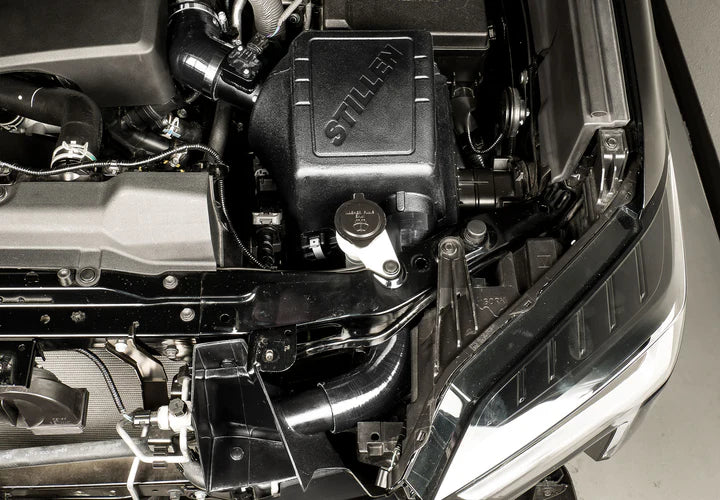 Wide view of Stillen Trupower Cold Air Intake Oiled Filter Toyota Tundra 2022-2025 fitted inside a car
