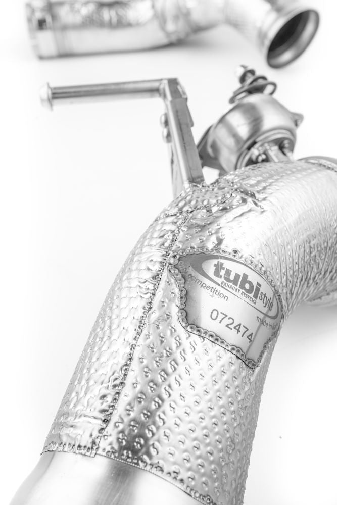 A close up view of Tubi Style Muffler Kit with Valves and GPF Emulator for Ferrari 296 GTB and GTS 2021+ with white background with its logo visible