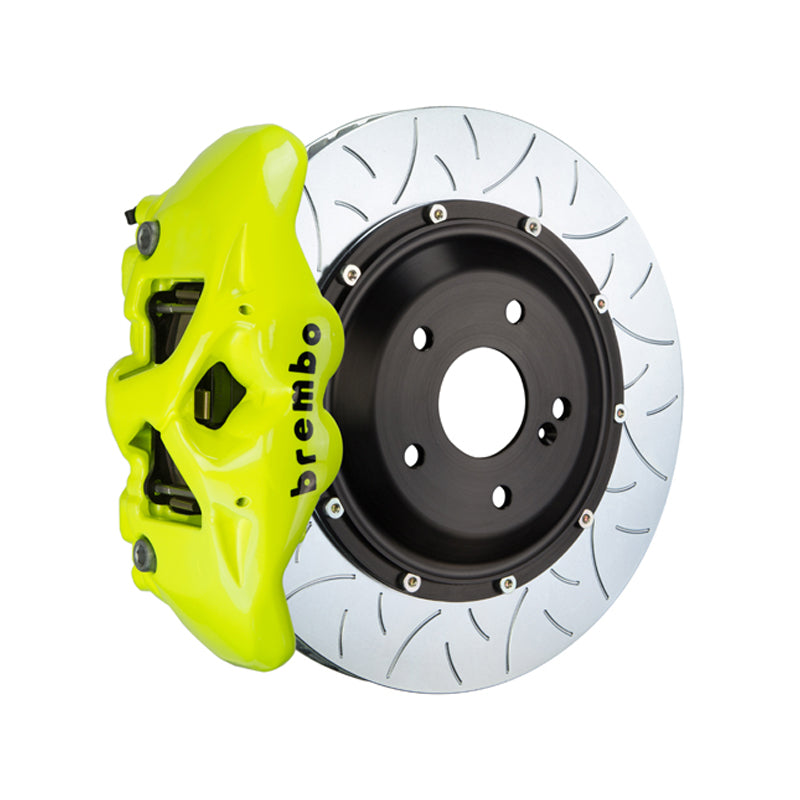 GT2 Brembo GT 4-piston rear kit, fluorescent yellow caliper, 380mm type 3 slotted 2-piece disc