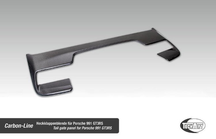 A top view of TECHART Tailgate Panel Glossy Carbon Fiber Porsche 991.1 GT3 RS with a grey background