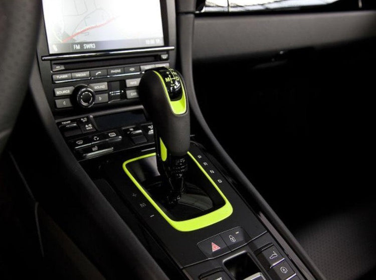 A close up view of TECHART Carbon Interior Kit III Carbon Fiber, Graphite Gray Porsche 718 Cayman / Boxster