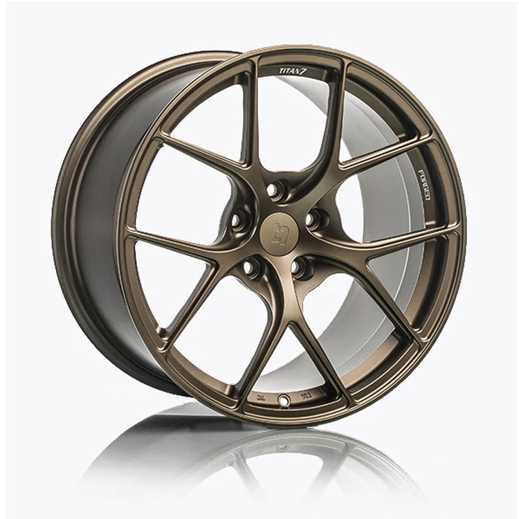 A side view of Titan 7 T-S5 Forged Split 5 Spoke JDM Wheels in Techna Bronze for SUBARU 19" WRX STI 2008+, WRX 2015+