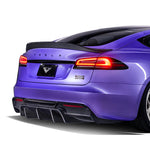 A back view of a purple car fitted with Vorsteiner VRS Plaid Aero Decklid Spoiler Carbon Fiber PP 2x2 Glossy for Tesla Model S 2021+ with a white background