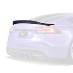 A back view of a purple car fitted with Vorsteiner VRS Plaid Aero Decklid Spoiler Carbon Fiber PP 2x2 Glossy for Tesla Model S 2021+ with a white background with the spoiler highlighted