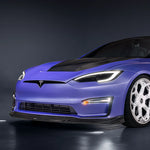 A view of a car from the side fitted with Vorsteiner VRS Plaid Aero Front Spoiler Carbon Fiber PP 2x2 Glossy for Tesla Model S 2021+ with a grey background