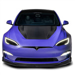 A front view of Vorsteiner VRS Plaid Aero Hood Carbon Fiber PP 2x2 Glossy for Tesla Model S 2021+ fitted on a car with white background