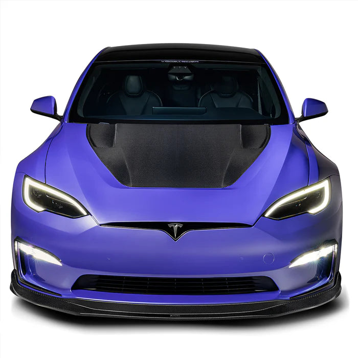A front view of Vorsteiner VRS Plaid Aero Hood Carbon Fiber PP 2x2 Glossy for Tesla Model S 2021+ fitted on a car with white background