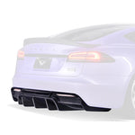 A back view of a purple car fitted with Vorsteiner VRS Aero Rear Diffuser Carbon Fiber PP 2x2 Glossy for Tesla Model S 2021+ with white background with the diffuser highlighted