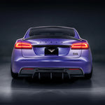 A back wide view of a purple car fitted with Vorsteiner VRS Aero Rear Diffuser Carbon Fiber PP 2x2 Glossy for Tesla Model S 2021+ with grey background